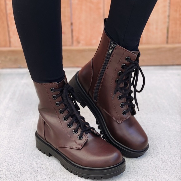 Brown Lace up Combat Boots - Picture 2 of 9